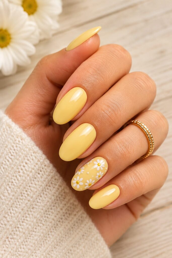Uñas amarillo pastel con margaritas verano 2026 elegante