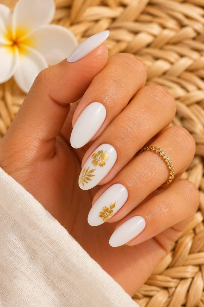 Uñas blanco con flores doradas tropicales verano 2026 elegantes