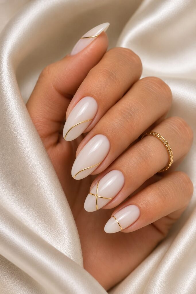 Uñas blanco y dorado minimalista verano 2026 elegantes