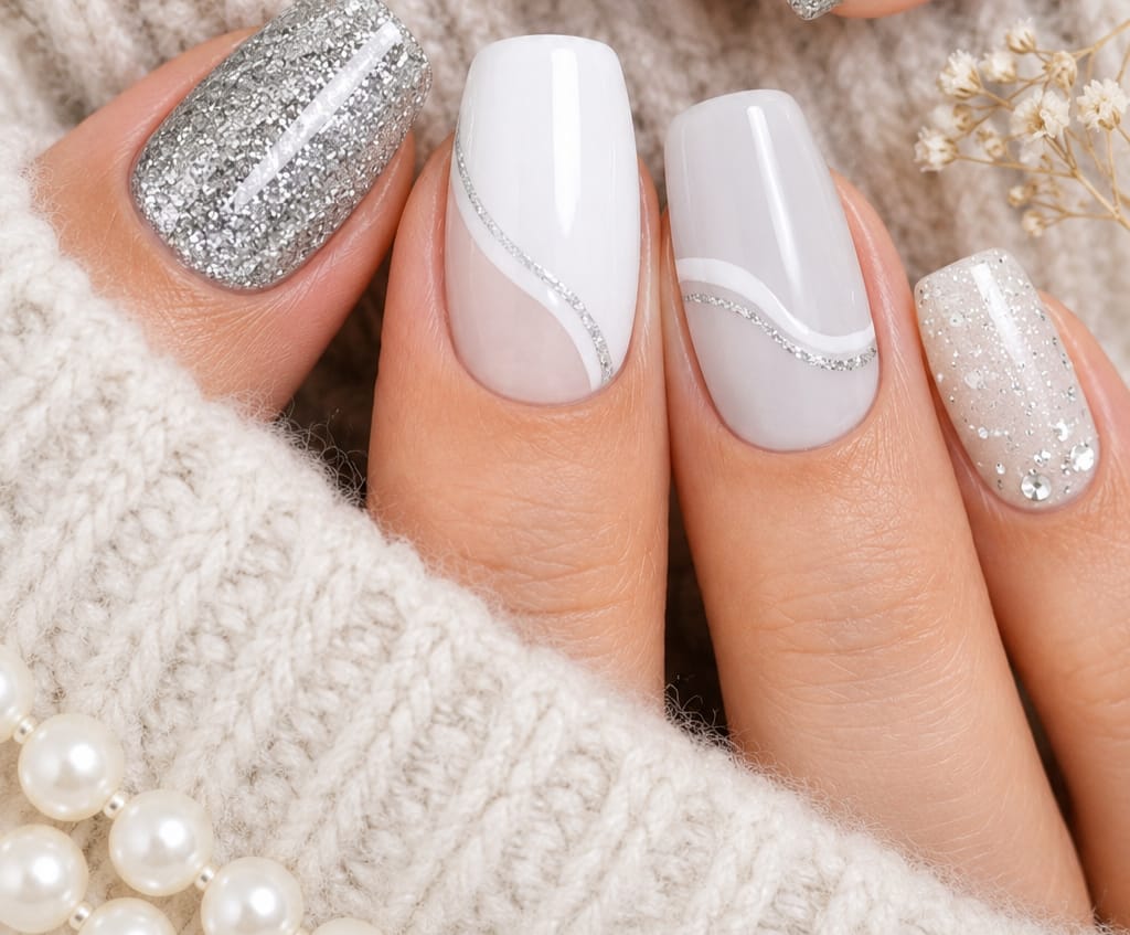Uñas ondas plateadas glitter verano 2026 elegantes