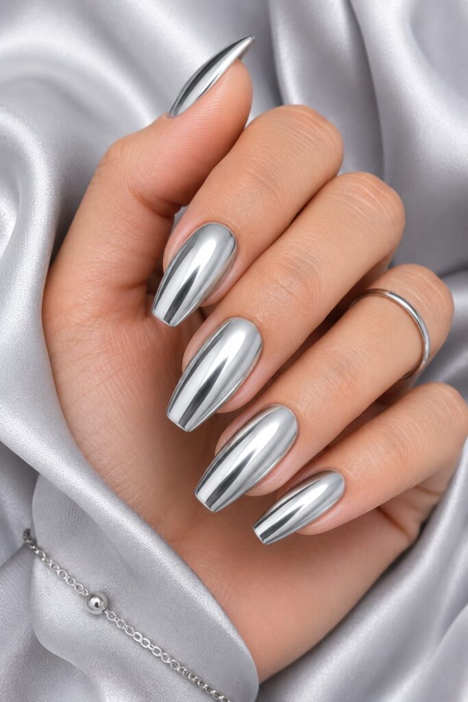 Uñas chrome plateado frío verano 2026 elegantes. Una opción ideal para fiestas, eventos especiales o para quienes buscan un estilo moderno.