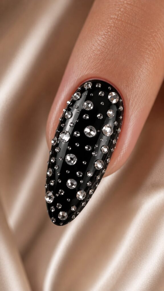 Uña negra con strass brillante para novia elegante en tendencia