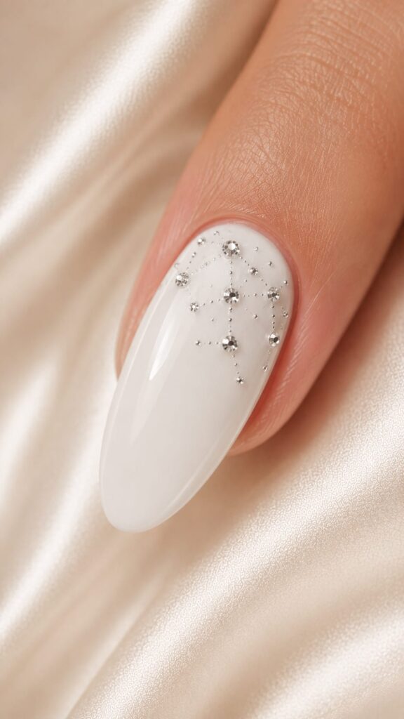 Uña blanca con constelación de strass para novia elegante en tendencia