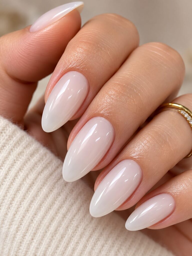 Manicura Milky blanco perla efecto lip gloss, tendencia uñas verano 2026.