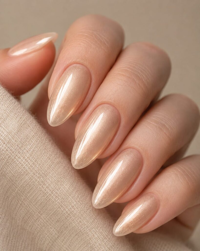 Manicura milky dorado champán efecto perlado, tendencia uñas verano 2026