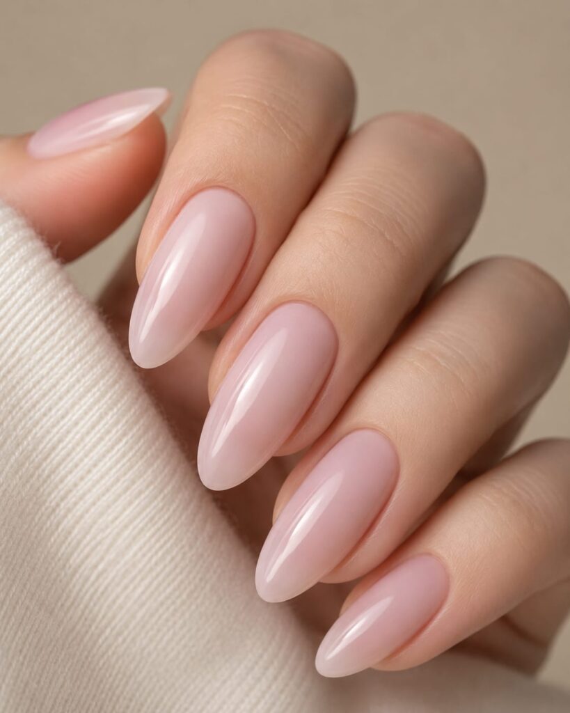 Manicura Milky rosa empolvado con acabado brillante, tendencia uñas verano 2026