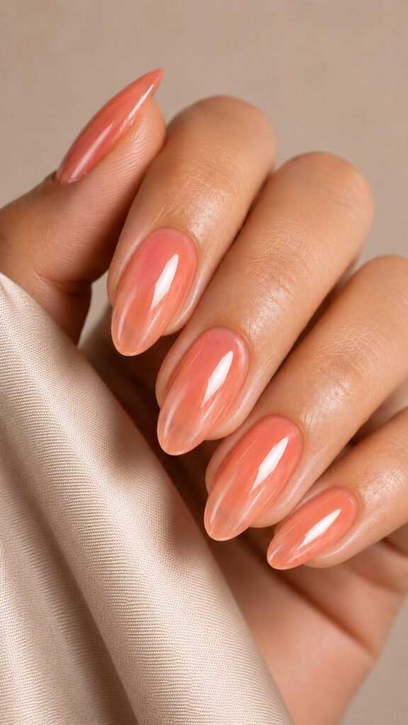 Uñas coral melocotón acabado glossy tendencias uñas verano 2026